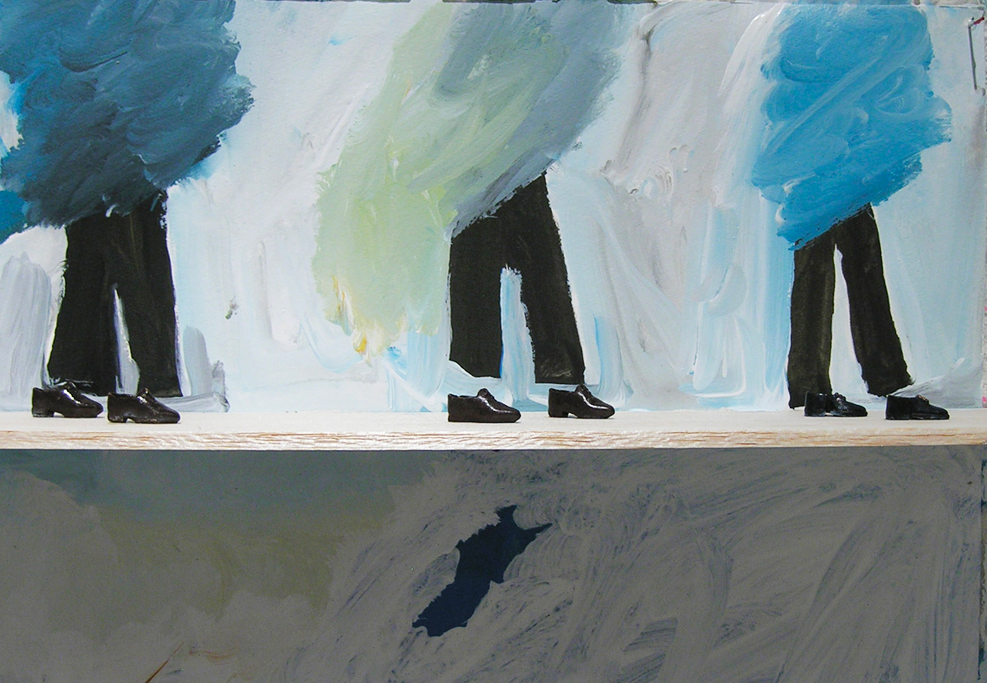<strong><em>Léger décalage n°2</em></strong>, 2009<br>Acrylique sur papier, miniatures sur balsa, 21 x 29,7 x 5 cm