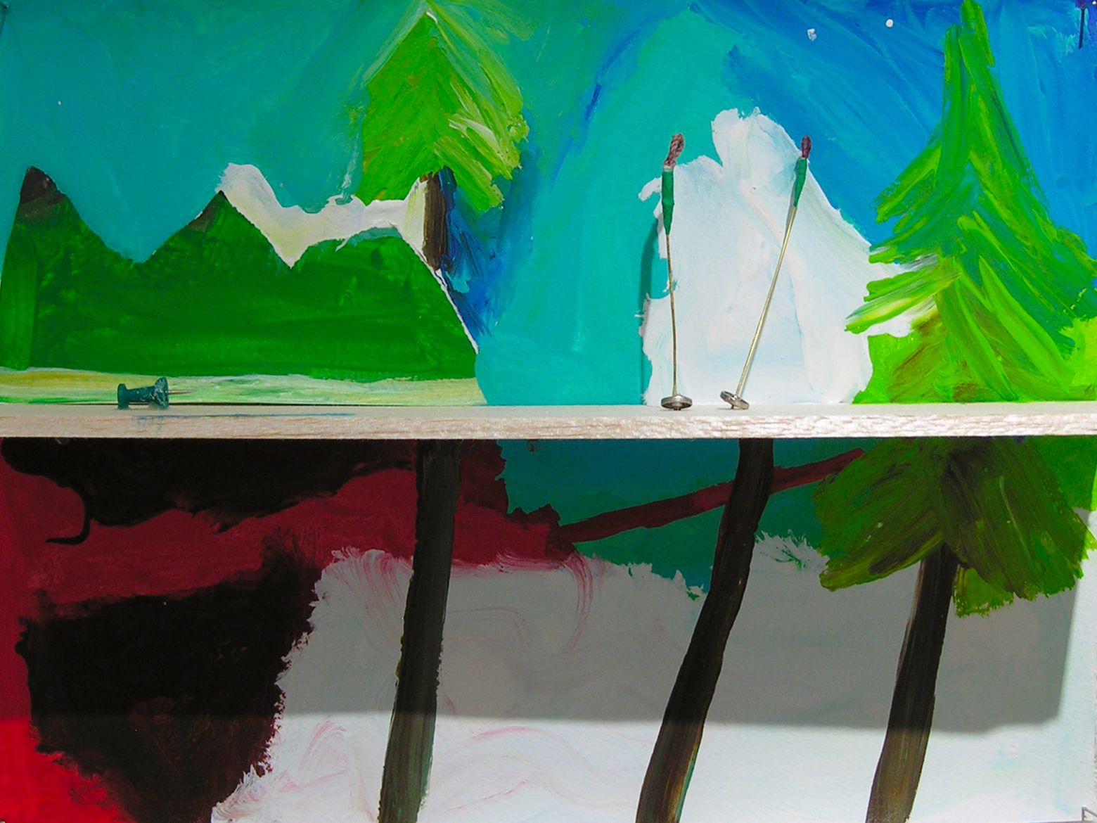 <strong><em>Paysage de forêt n° 1</em></strong>, 2009<br>Acrylique sur papier, balsa, miniatures, 21 x 29,7 cm