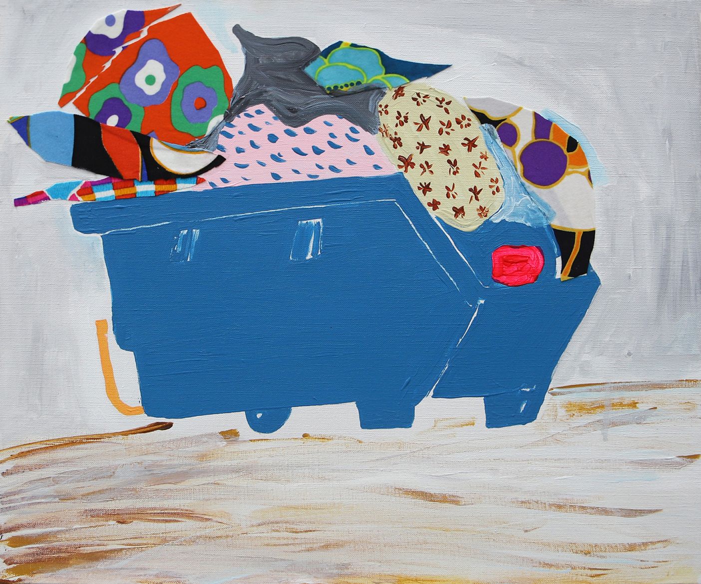 <strong><em>Benne de secours pop n°2</em></strong>, 2020<br>Acrylique et tissus collés sur toile, 46 x 55 cm