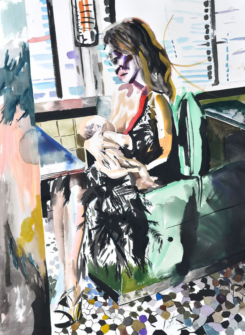 <strong><em>Allaitement, Olivia Wilde 2</em></strong>, 2018<br>Aquarelle sur papier, 107 x 78 cm